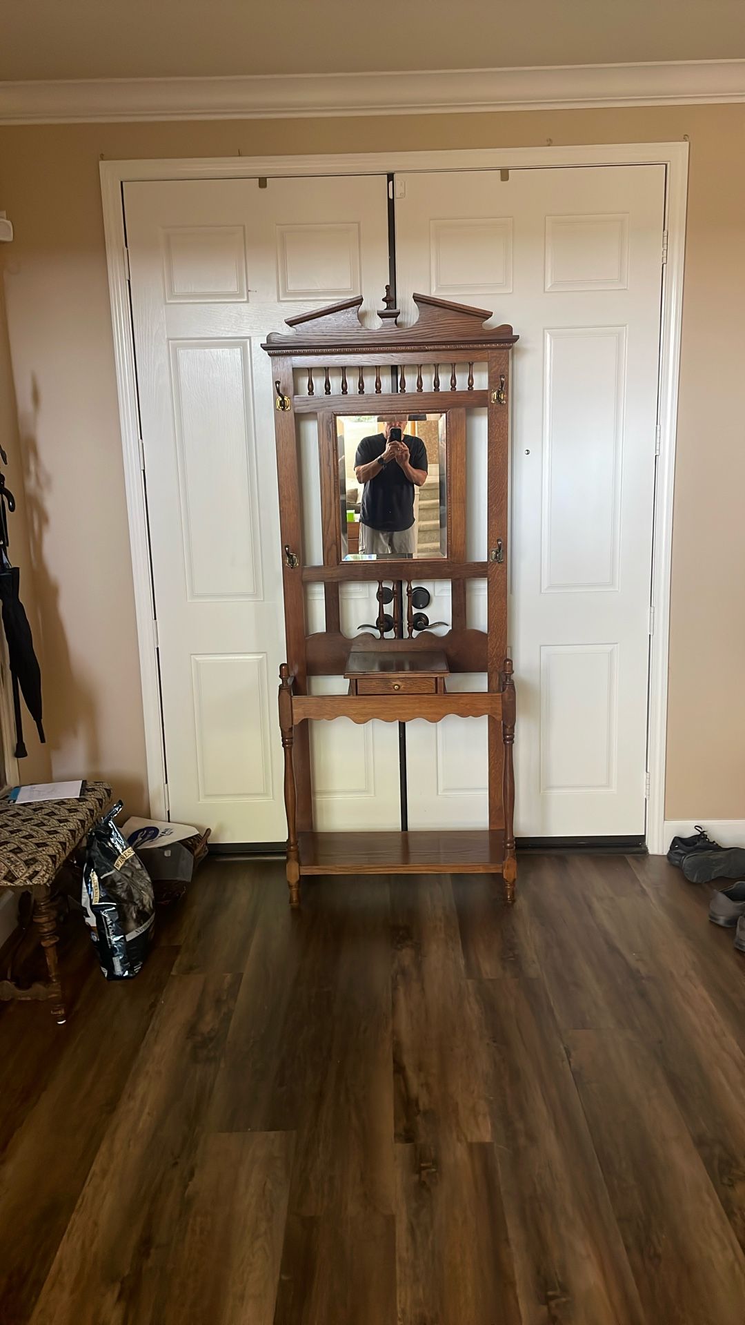 Beautiful Oak Coat Tree With Beveled Glass Mirror