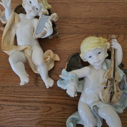 $125.00 - (2) Vtg Musical Cherubs Made In Italy Playing The Harp & Violin!  Handpainted/Weighted - Rare Find!
