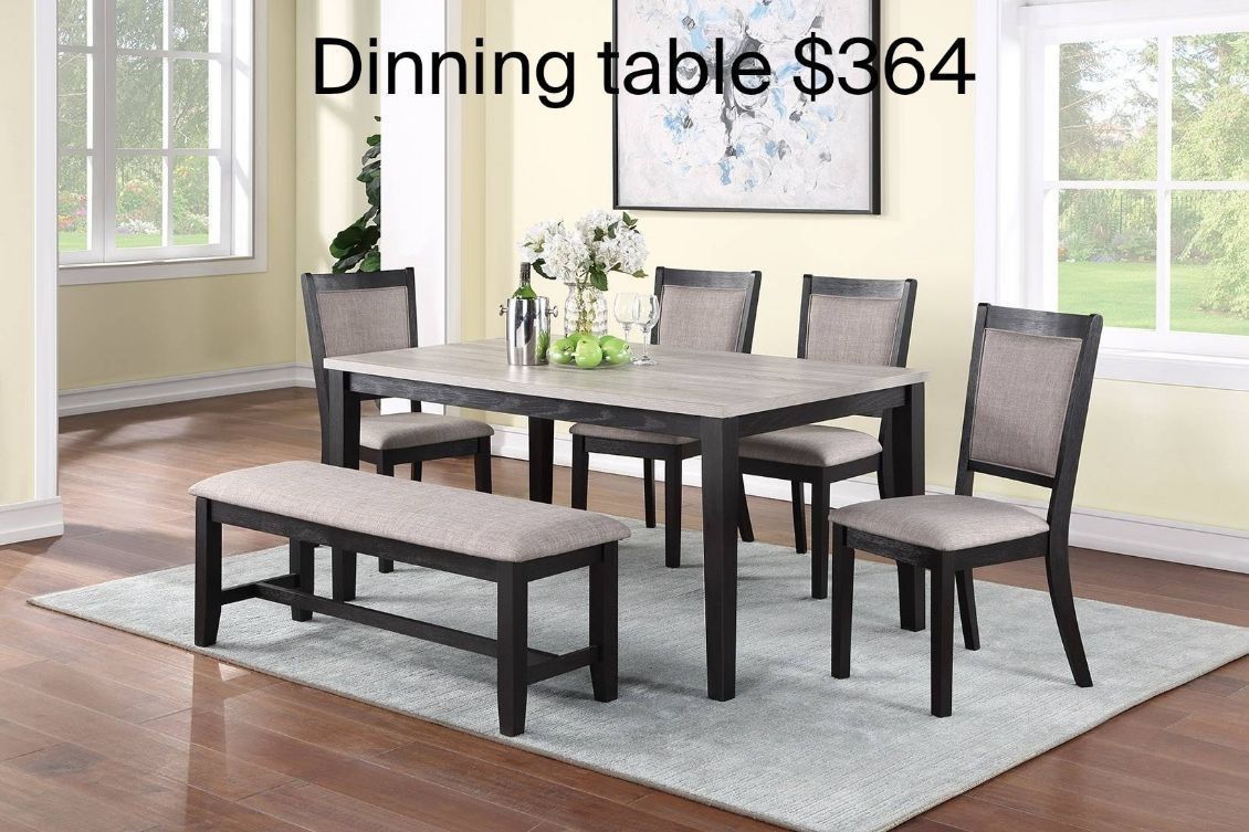 💥💥6 pc bridget ii two tone finish wood dining table set padded seat chairs and bench 💥💥