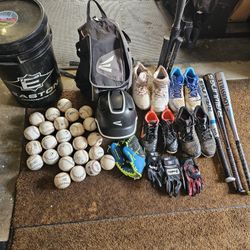 Baseball Equipment Lot T-Ball Farm, Backpack Baseballs Tee Shoes Bats