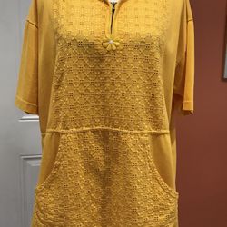 Women’s Stretchy Cotton Eyelet Adorned Kangaroo Pockets Long Shirt/Tunic, L