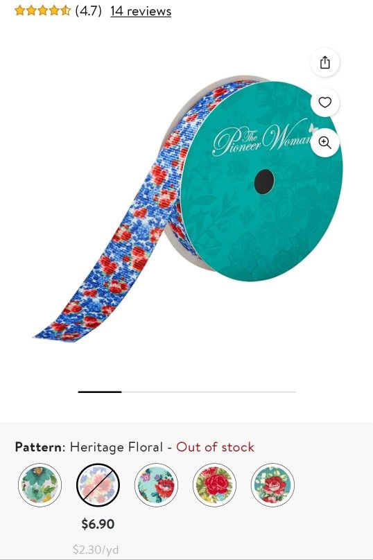 NEW 2-Pioneer Woman Heritage Floral 5/8 Inch Grossgrain Ribbon. You get both rolls. Total of 6 Yards.