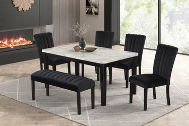 Sophisticated Style 6 pc dining set w/Marble look top & Corduroy upholstered chairs