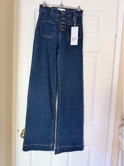 Dark Blue Wash Exposed Button Fly Patch Pocket Glam Wide Leg Jeans