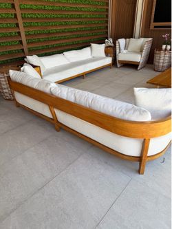Pair of Restoration Hardware Balmain Teak sofas