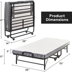 Folding Bed with Mattress, 75" x 38", Fold up Bed with 5" Memory Foam Mattress, Space-Saving Sturdy Metal Frame (Twin Size)