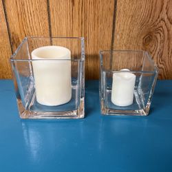 Lot of 2 Square Clear Glass Candle Holders, Vases, 5” and 4”