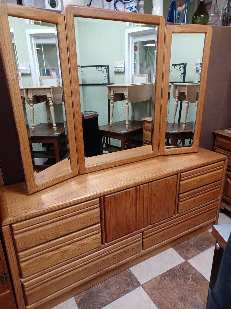 Oak Dresser With Jewelry Armoire In Mirror 