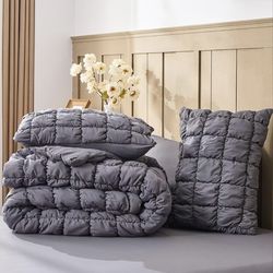 New Grey Comforter Set Queen Size Bed in A Bag 7 Piece Pinch Pleat Bedding, Pintuck Ruched
