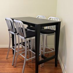 Crate & Barrel High Bar Kitchen Table 4 Delta Aluminum Chairs Glass Top /Ikea