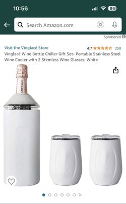 Vinglacé Wine Bottle Chiller Gift Set- Portable Stainless Steel Wine Cooler with 2 Stemless Wine Glasses, White