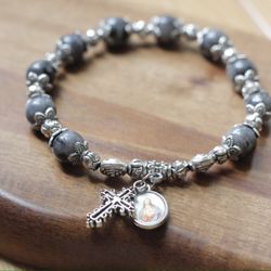 Rosary Bracelet, Gray Natural Stones and Silver Plated beads, All sizes