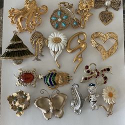 Vintage Brooches Costume Jewelry lot of 17 signed & unsigned 