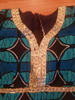 African Dress Handmade, Blue Gold (Size 0/1)