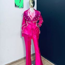 Luxury Hot Pink Pearl-Embellished Power Suit