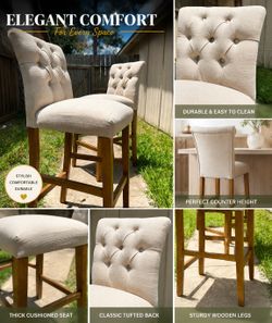 Set of 2 Tufted Beige Counter Height Bar Stools – Solid Wood – Farmhouse/Modern