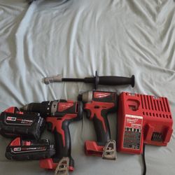 Milwaukee Brushless Drill, Impact, Charger, Two Batteries