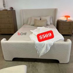 Taupe Chenille Fabric Queen Size Bed Frame  - September Sale !