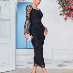 Sequins Mesh Splicing Midi Dress Solid Dot Slim Dresses Square Collar Workwear D