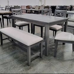 ✅️✅️ 6 pc grey finish wood dining table set padded seat chairs and bench ✅️