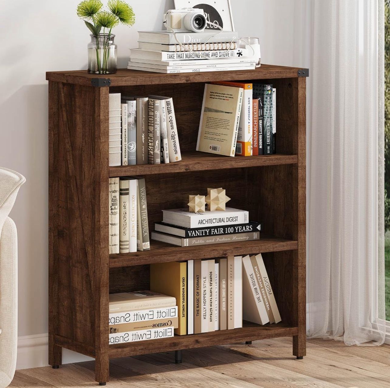 Rustic 3-Tier Bookshelf – Compact Wooden Bookcase