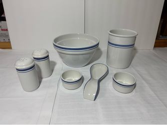 7 Pieces White & Blue Ceramic Mixing Bowl, S&P Shaker, Utensils Holder, 2 sm bowls
