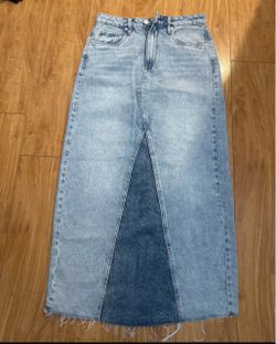 Light Wash Denim Maxi Skirt with Front Slit 26
