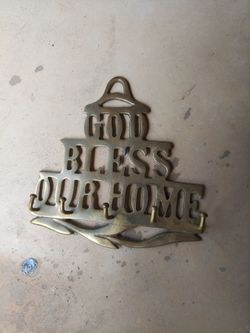 Vintage brass god bless our home wall key rack