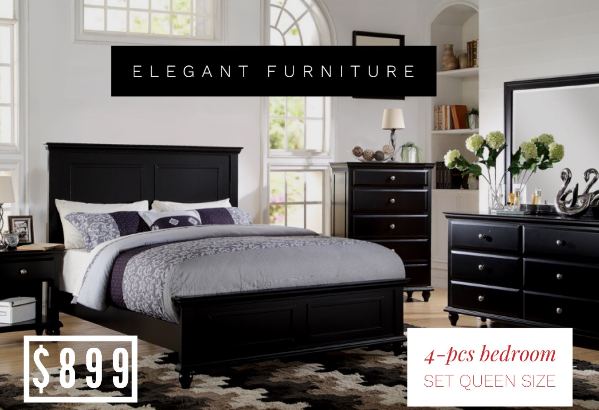 Queen Size Bedroom Set 4pc- Recamara Queen de 4pc @Elegant Furniture