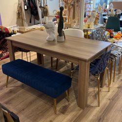 Oak Wood Dining Table Set With Blue Velvet Ottoman Bench 