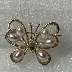14KT Yellow Gold Butterfly Pearl Brooch / Pin