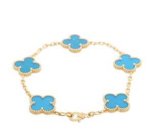 18k Yellow gold Van cleef Alhambra style Turquoise 5 motifs clover shape stone bracelet