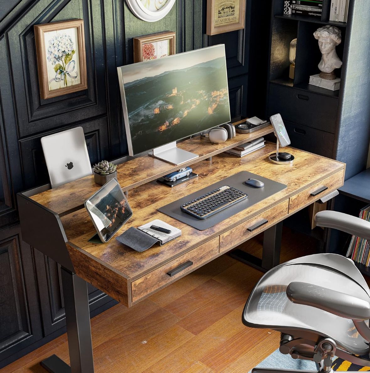 Electric Standing Desk, 48 x 24 Inches Height Adjustable Table, Black Frame/Rustic Brown