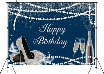 Aperturee 7x5ft Navy Blue and Silver Happy Birthday Backdrop High Heels Champagn  Armproduct