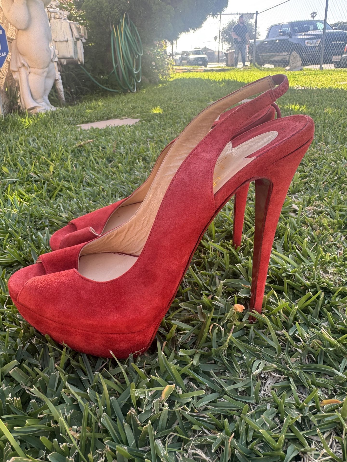 Christian Louboutin Peep Toe Slingback Pumps Red Stiletto Heels Size 41