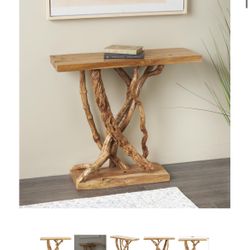 BROWN TEAK WOOD HANDMADE SMALL LIVE EDGE TREE BRANCH LIVING ROOM CONSOLE TABLE, 36" X 12" X 32"