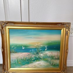 Framed Coastal Oil Painting Style Wall Art – Beach Scene w/ Birds
