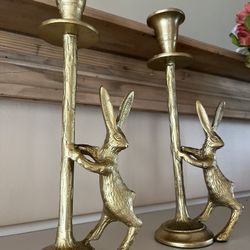 Pair Of Gold Bunny Rabbit Taper Candle Holders -10.5”