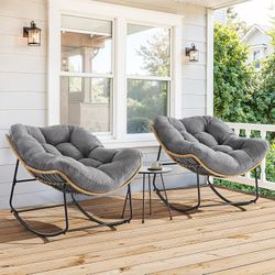2pcs Outdoor Rocking Chairs, Oversized Papasan Rocking Chair Indoors with Padded Cushions, Rattan Wicker Lounge Chair for Living Room, Porch, Patio, G