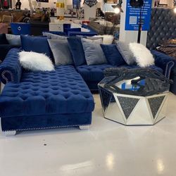 Royal Gray / Blue / Pink Velvet RAF Sectional -Couch