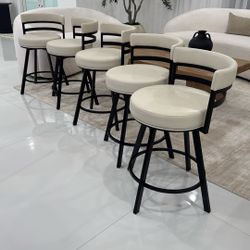 5 Beige Leather Bar Stools Modern Black Base – Like New