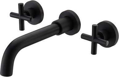 Matte Black Brass Bathroom Faucet 10 Inch Rotating Spout 2 Cross Handle Wall Mount Lavatory Basin Sink Faucet with Rough-in Valve Included