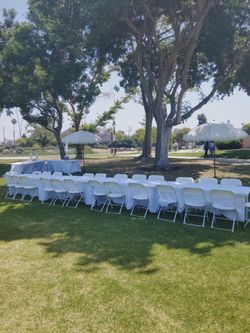 Umbrellas chairs tables