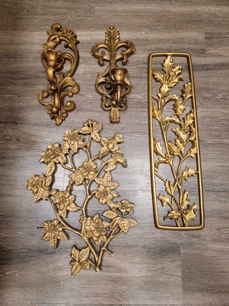Vintage Gold Syroco Garden Hollywood Regency Plaques Candle Holders Sconces