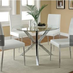5 PIECE DINING TABLE SET  GLASS TOP CHROME LEGS TABLE  60”X36” IN BOX