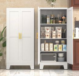 White Metal Kitchen Storage Cabinet, Kitchen Pantry Storage Cabinet with Doors and Shelves, Storage Cabinet with Adjustable Leveling Foot for Kitchen,