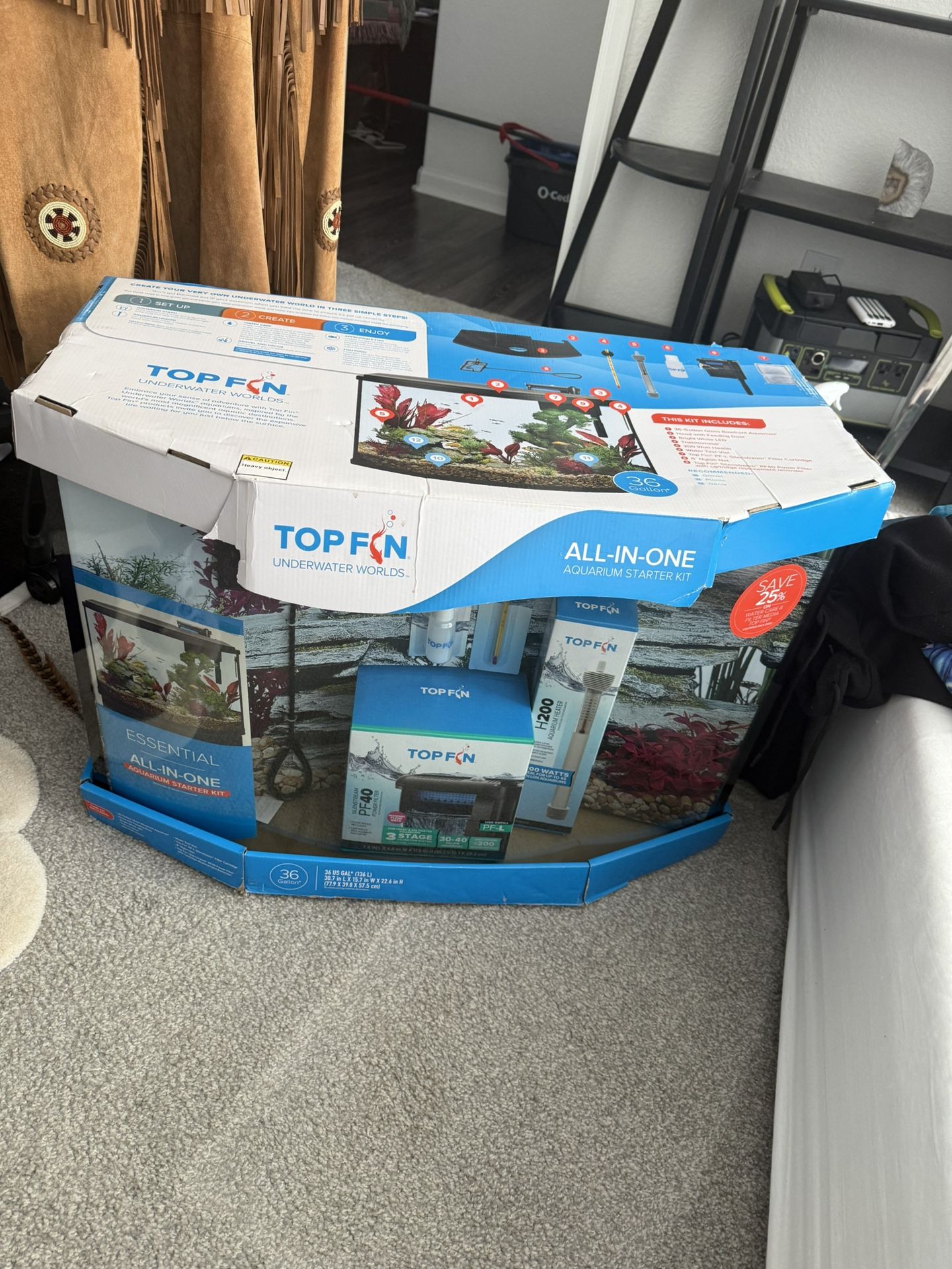 New Fish Tank With Filter, Decor, And Cleaning Supplies