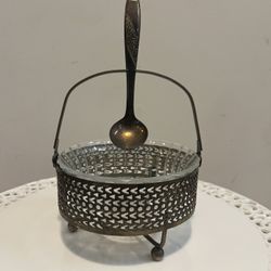 Victorian vintage silver-plated condiment caddy with a glass bowl insert and a serving spoon