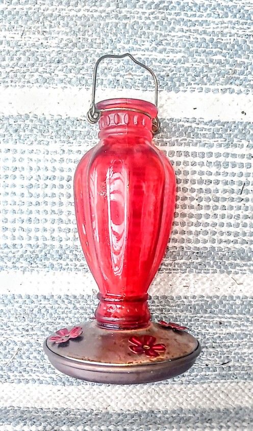 Red Glass And Metal Hummingbird Feeder