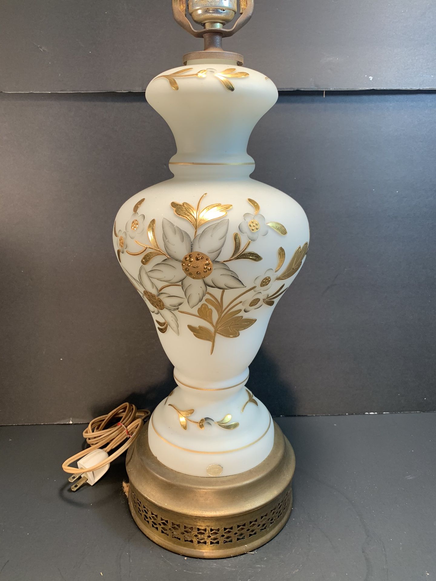 Antique West-Germany Floral Handpainted Satin-Glass/Brass Table Lamp (Height: 27-3/4”)